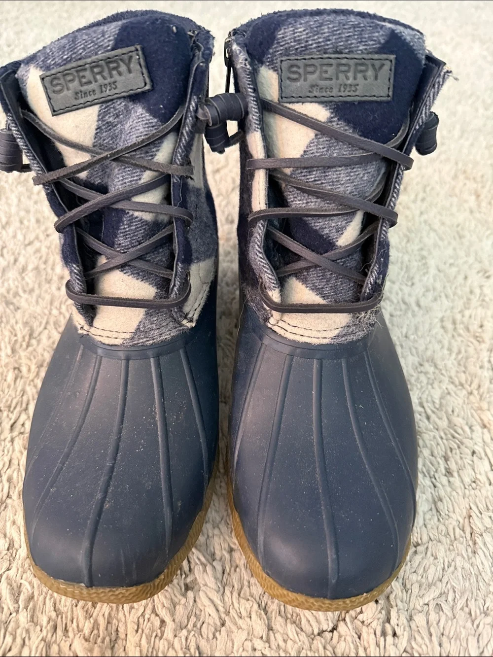 Sperry Navy and White Plaid Waterproof Duck Boots fall flannel cozy